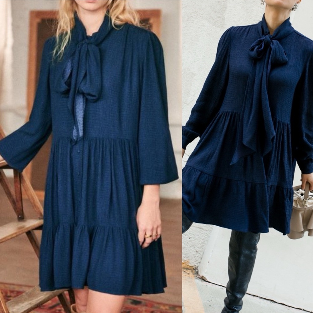 Sezane Selena Tie Neck Long Sleeve Navy Blue Tiered Dress Size 34 French US 2
